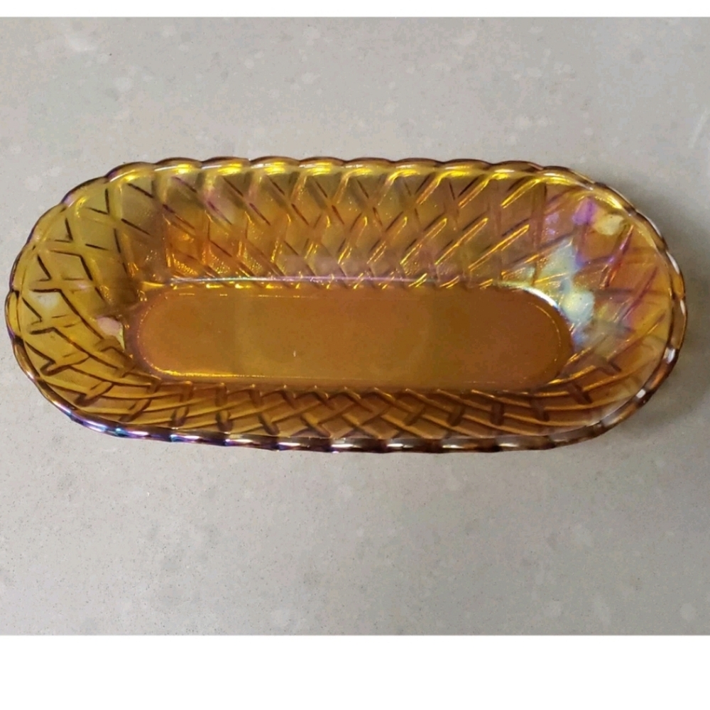 Vintage Marigold Iridescent Basket Weave Carnival Glass Bread Cracker Dish